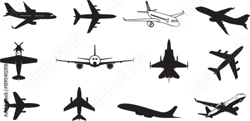 Aviation Silhouette Collection Various Aircraft Types and Flight Poses