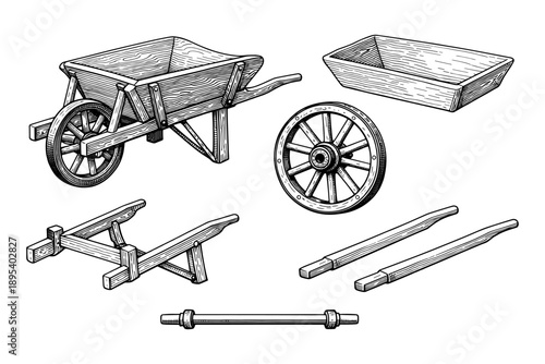 Hand-drawn vintage cart parts illustration with wheels and frame components