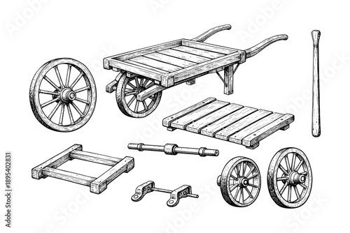 Vintage wooden cart components and wheels illustration