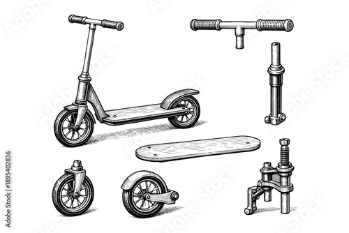 Vintage scooter parts illustration with detailed components in black and white