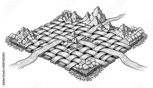 Isometric weaving landscape texture with mountains rivers and tiny houses detailed natural vector