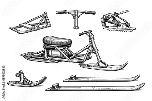Vintage snowmobile parts illustration with frame, handlebars, and skis