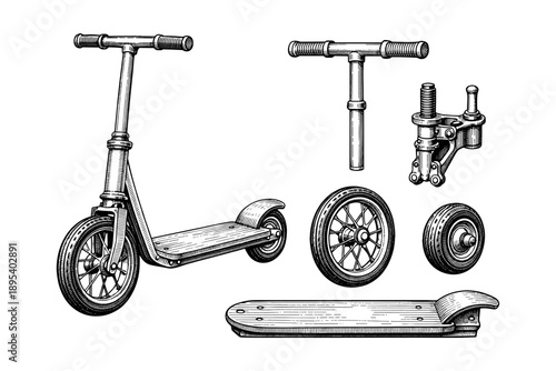 Vintage scooter components illustration with detailed parts view