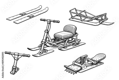 Vintage ski equipment and retro sled designs in detailed black and white illustration