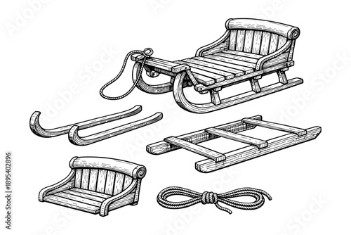 Vintage wooden sled design with rope and components - line art illustration