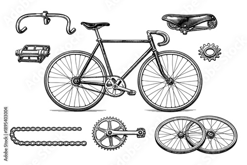 Vintage bicycle with components: handlebar, saddle, chain, pedals, wheels