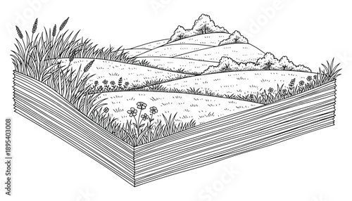 Isometric cross section of tiered garden field with tall grasses and wildflowers