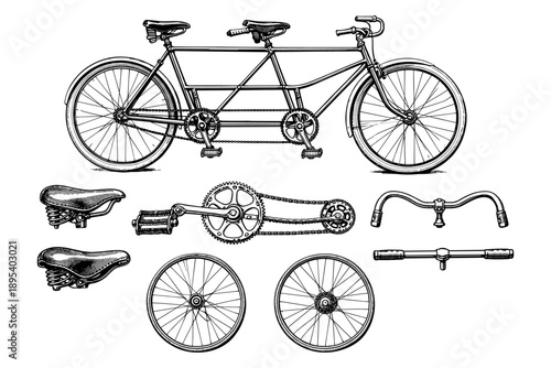 Retro tandem bicycle parts diagram with seats, gears, wheels, handlebars