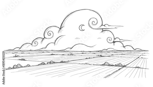 Stylized swirling clouds above vast open cultivated field horizon sketch drawing