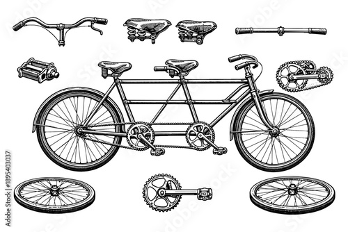 Vintage tandem bicycle components illustration with detailed parts diagram