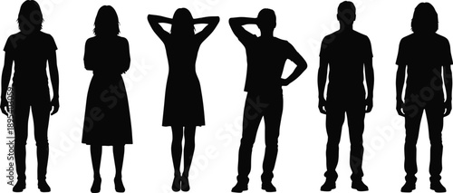 Set of diverse people silhouettes standing in various casual poses, group of men and women figures isolated on white background
