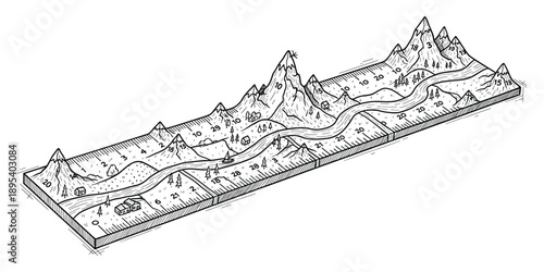 River landscape game board track extending through mountains and valleys showing elevation