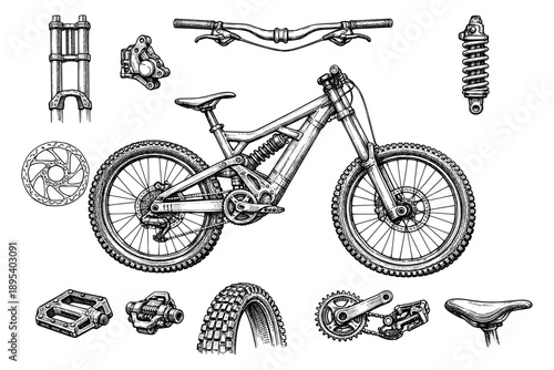 Detailed black and white mountain bike components illustration with suspension and gears