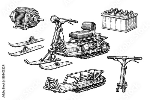 Vintage snowmobile components and battery diagram