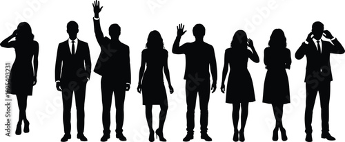 Set of diverse people silhouettes standing in various casual poses, group of men and women figures isolated on white background
