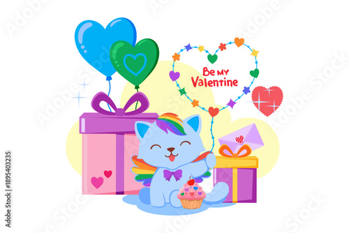 Cat sitting with colorful balloons and gifts, holding heart-shaped balloon saying Be my Valentine. Cupcake and envelope nearby creating festive scene for Valentine Day