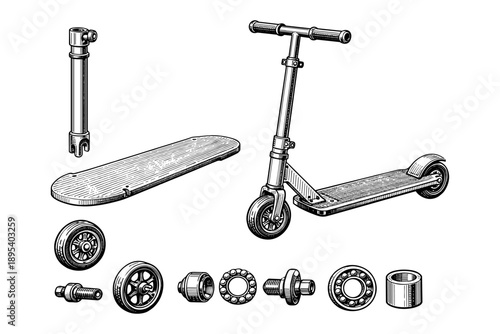 Assembly diagram of electric scooter with parts detailing
