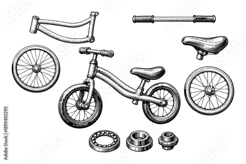 Vintage bicycle parts diagram with frame, wheels, handlebars, and saddle