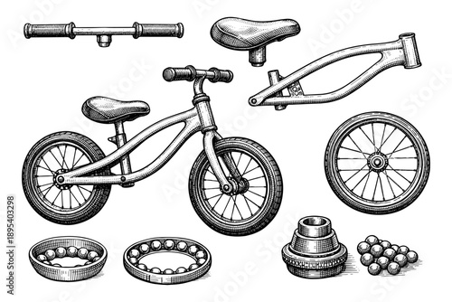 Vintage bicycle parts illustration: handlebars, frame, saddle, wheels, bearings assembly