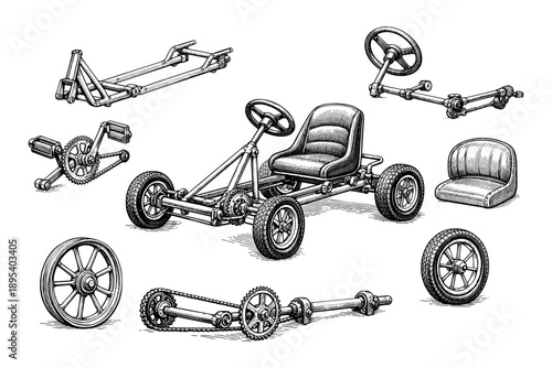 Detailed diagram of go-kart parts with frame, steering, wheels, and seat components