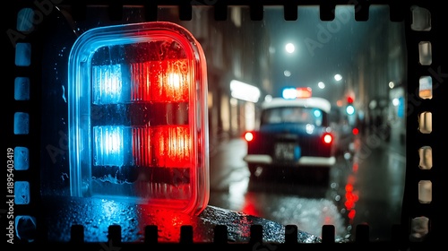 Police Car Emergency Light on Wet City Street at Night in Rain