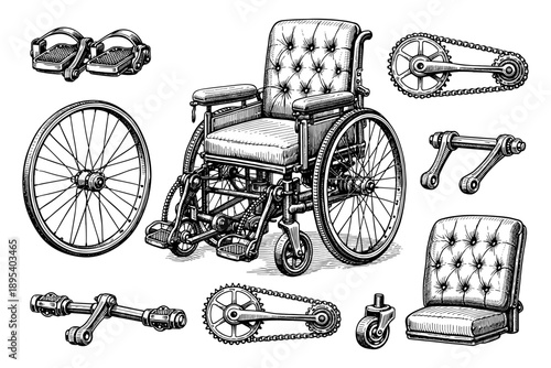 Vintage wheelchair illustration with components and details