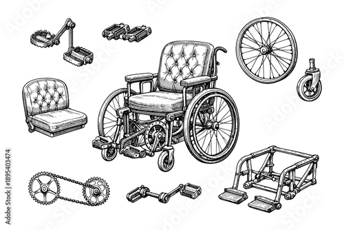 Vintage wheelchair components sketch with detailed parts and accessories