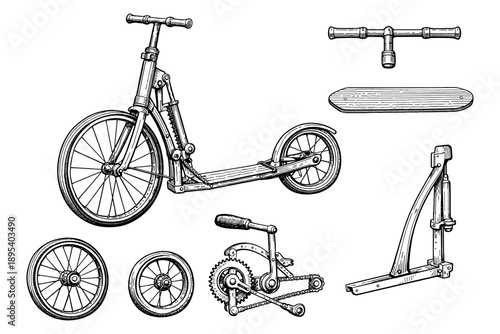 Detailed scooter components: wheels, frame, handlebars, and deck illustrated