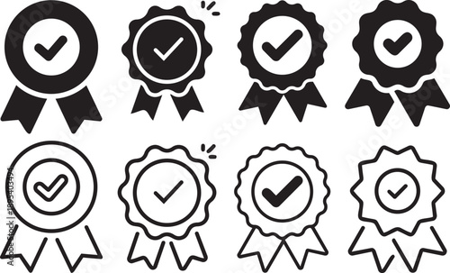 Excellence Emblems: An array of distinctive badges, adorned with a confirming checkmark, representing top-tier quality and guaranteeing success in any endeavor.