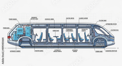 Cross section diagram of a futuristic bus interior and exterior features.