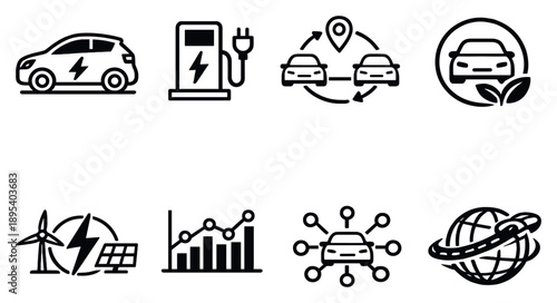 Sustainable and smart mobility in outline style: electric car, charging station, car sharing icon, low emission zone sign, renewable energy bolt, data driven. Vector icons