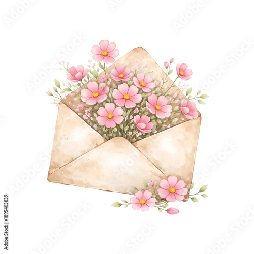 Watercolor Envelope with Pink Flowers Bouquet Isolated on Transparent Background