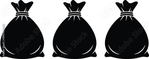 Money bag silhouette icon set, wealth savings finance investment cash sack symbol black vector isolated on light background