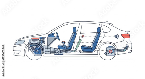 Cross section diagram of a modern car interior and engine components.