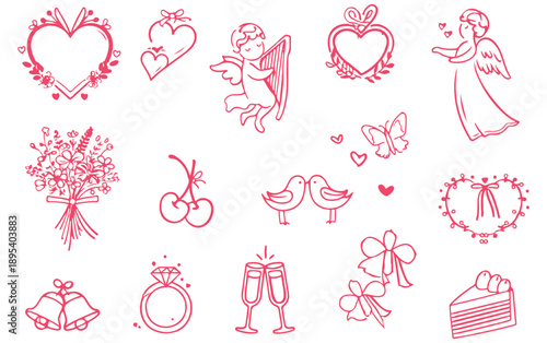 Set of wedding icons and accessories with pink hearts in a romantic vector style