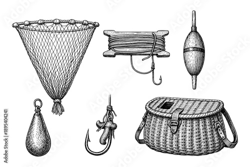 Vintage fishing gear set with fishing net, hooks, and wicker basket