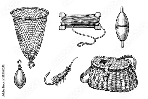 Collection of vintage fishing gear line art with net and basket