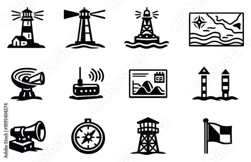 Coastal Waterway Navigation Systems in outline style: lighthouse, sector light, coastal buoy, nautical chart, radar antenna, AIS transponder, tide table. Vector icons
