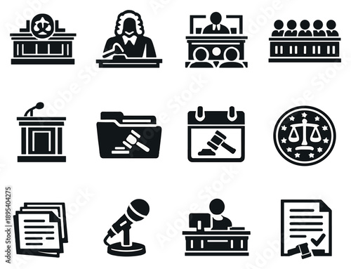 Judicial system and courts vector icons in outline style: judge bench, judge figure, courtroom, jury box, witness stand, case file folder, hearing calendar. Vector icons