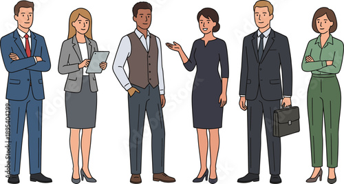 Diverse professional business people group, corporate team in formal office suits standing together, vector illustration isolated on white background