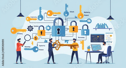 Cybersecurity concept with people and locks.
