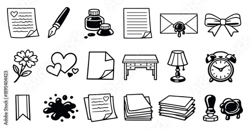 Love Letter Writing and Creation in outline style: handwritten letter, fountain pen, ink bottle, lined paper, envelope, wax seal, ribbon bow, pressed flower. Vector icons