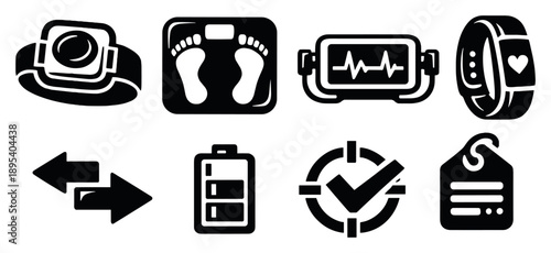 Connected medical devices in bold style: wearable patch, smart scale, home ECG device, activity tracker, device pairing arrows, battery status icon, calibration. Vector icons