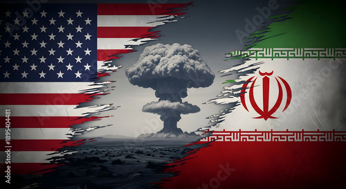 Nuclear Explosion between USA and Iran Flags in Tattered Torn Texture with Dramatic Dark Mood for Editorial Use