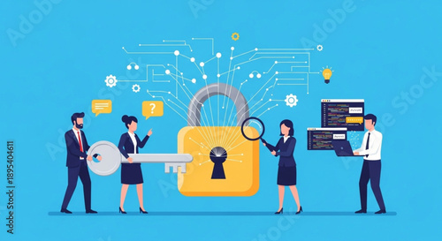 Cybersecurity concept with people and padlock.