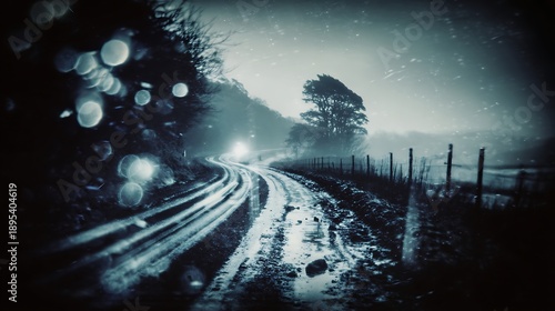 Rainy Night Road Scene in Dark Weather with Wet Road and Fences in Countryside