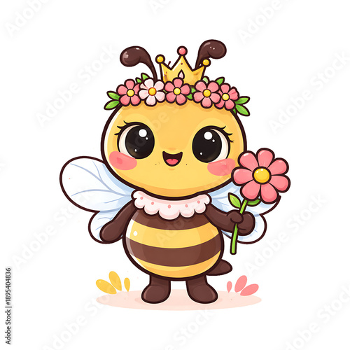 Cute Queen Bee Cartoon Holding Flower Isolated on Transparent Background
