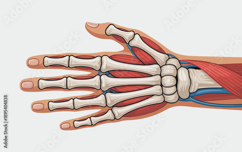 Detailed anatomical illustration of the human hand showing bones and deep muscle layers
