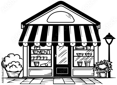 Charming small shop with striped awning and cozy storefront