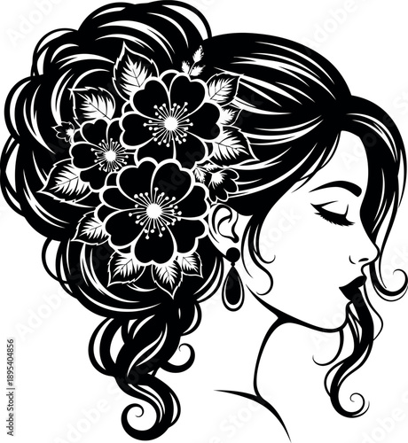 Elegant woman with floral hairpiece and curly locks